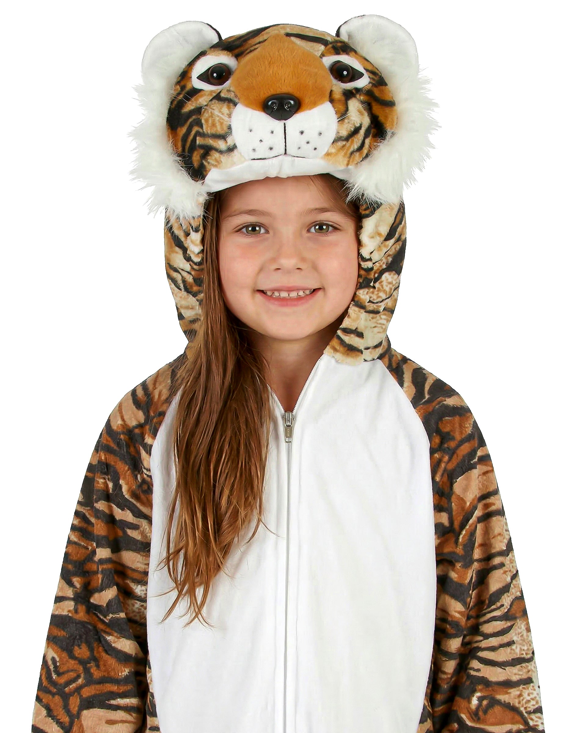 Gros plan sur le visage et la capuche du déguisement tigre réaliste