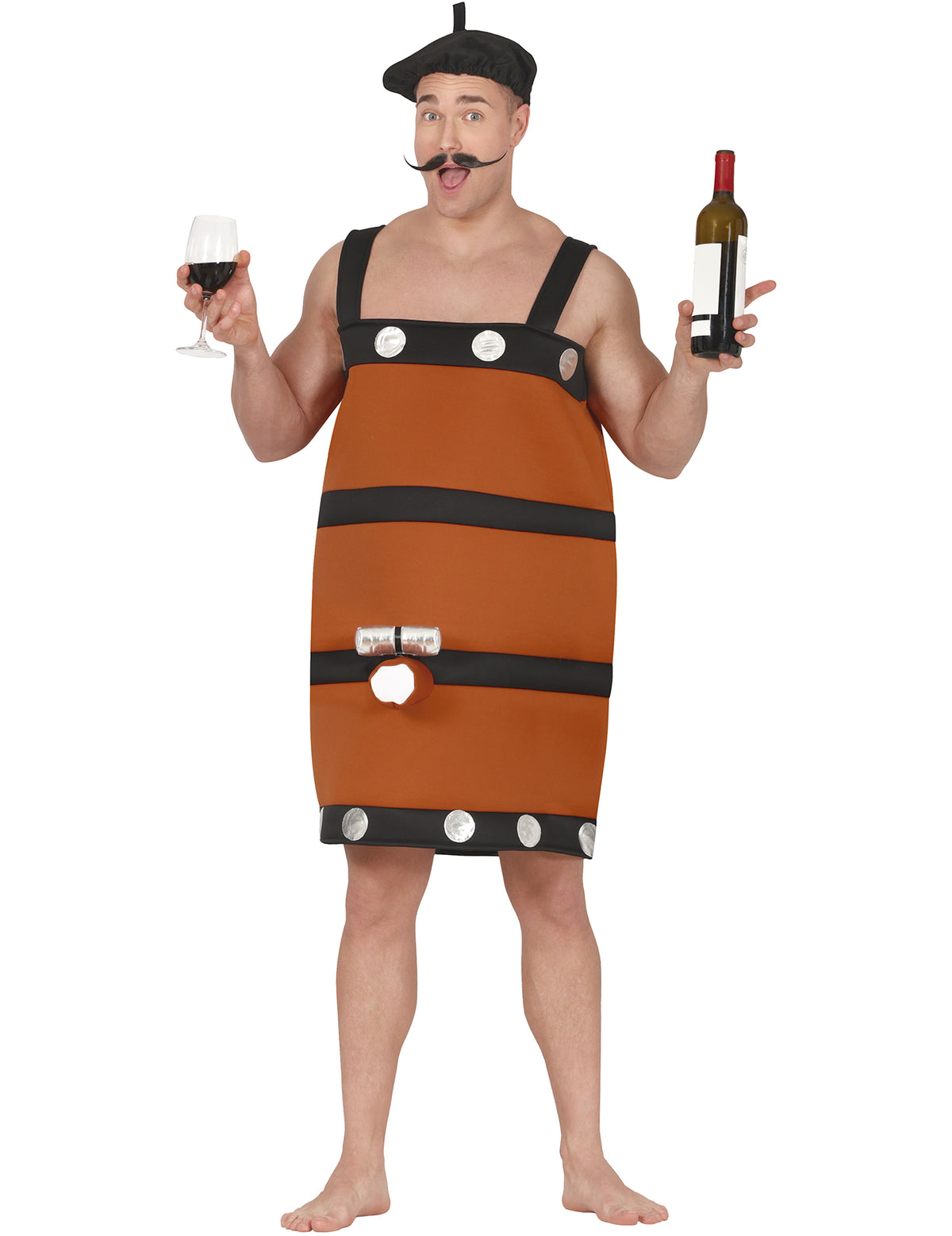 Déguisement tonneau de vin humoristique pour adulte marron avec béret et robinet