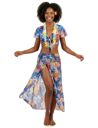 Déguisement touriste hawaïenne pour femme bleu avec motifs floraux et collier de fleurs