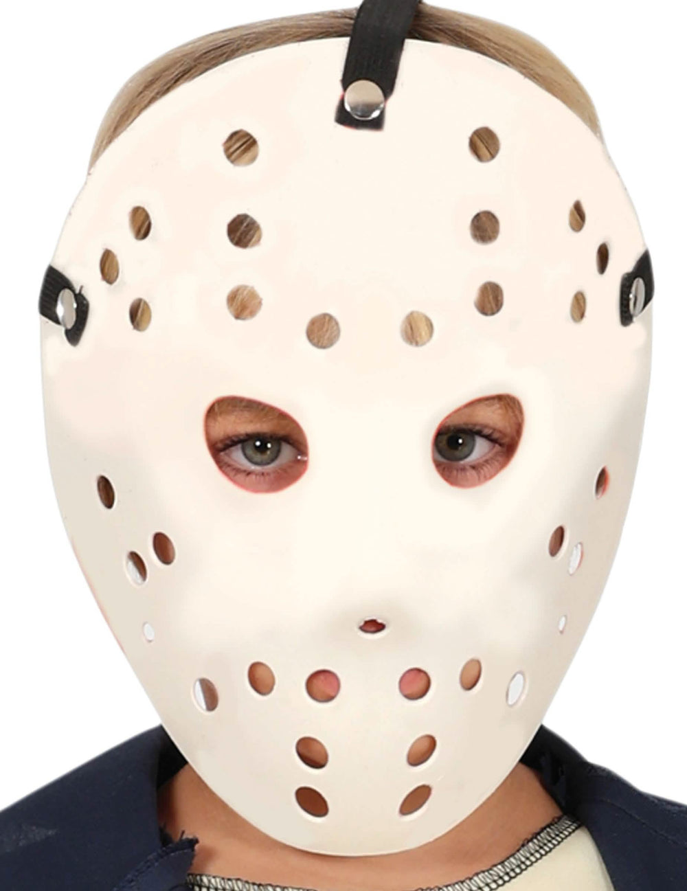 Détail du masque du déguisement de tueur à la machette pour enfant
