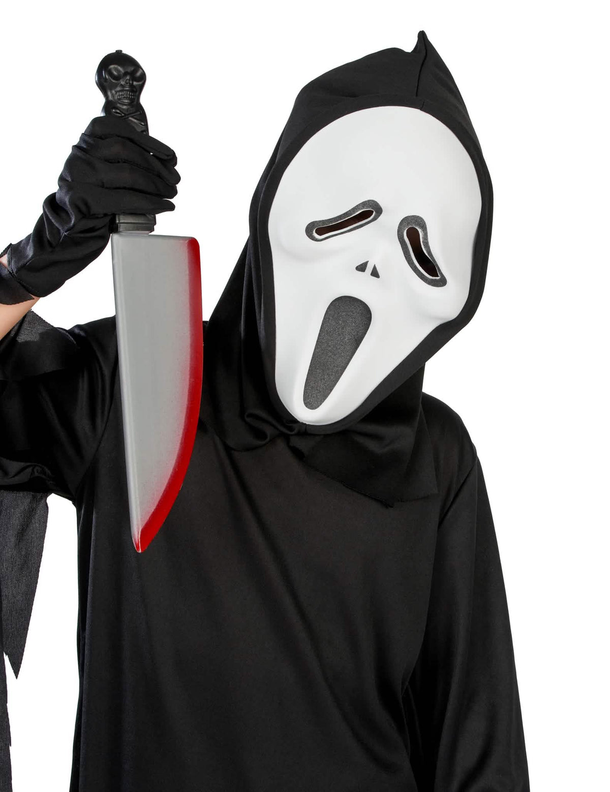 Gros plan sur le masque et le couteau du déguisement tueur de film d'horreur enfant