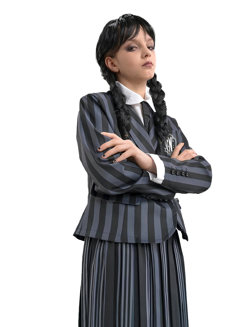 Détail de la veste et de l'écusson du déguisement uniforme Mercredi Addams Wednesday™