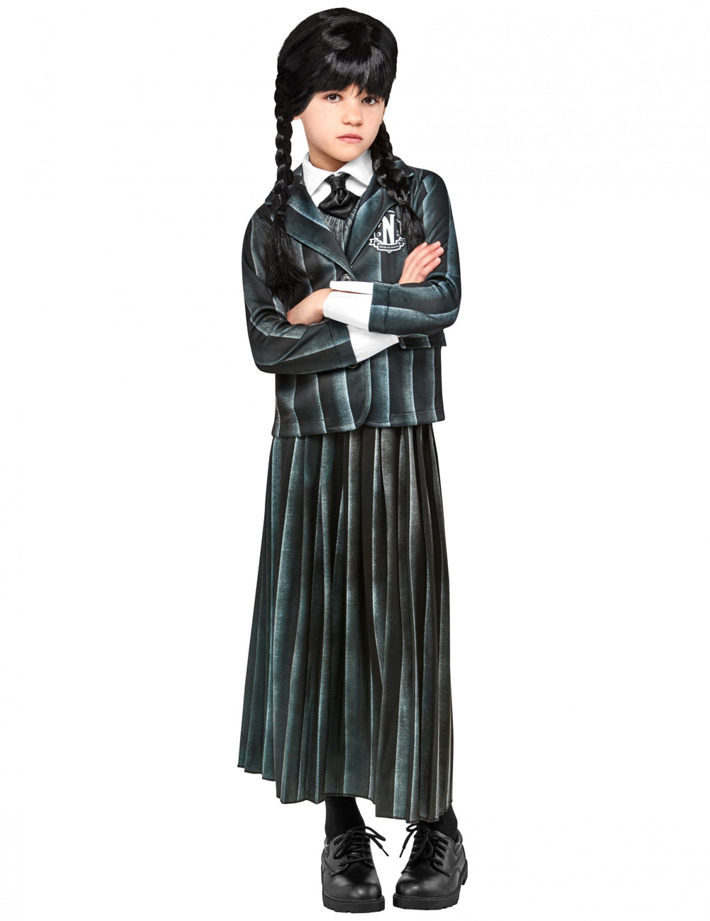 Déguisement uniforme scolaire Mercredi Addams™ pour enfant à rayures grises et noires