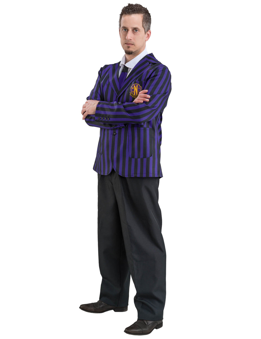 Déguisement uniforme scolaire Nevermore Wednesday™ pour homme à rayures violettes et noires