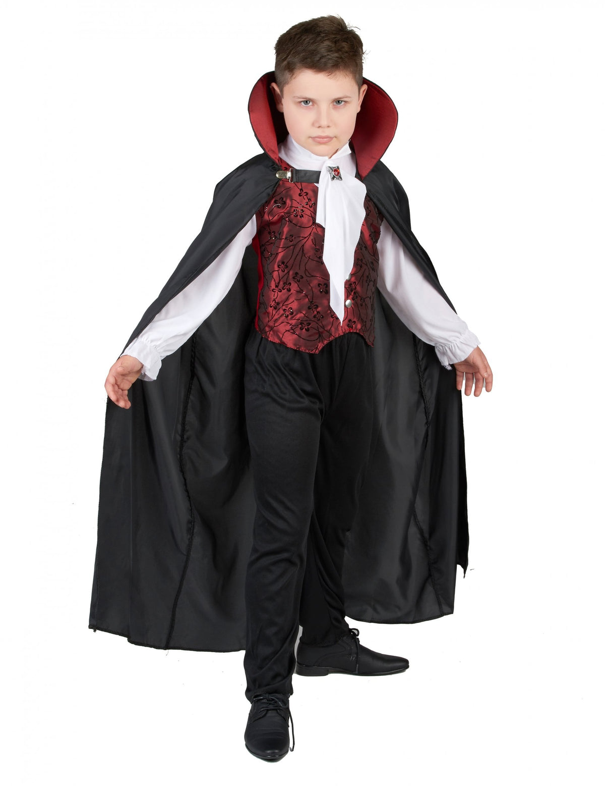 Déguisement vampire élégant pour garçon noir et rouge avec cape à col montant et jabot blanc
