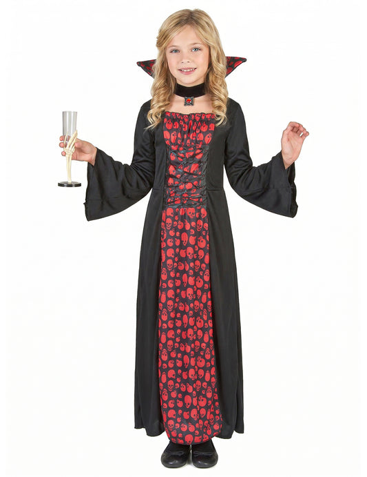 Déguisement de vampire pour fille noir et rouge à motifs têtes de mort avec collerette