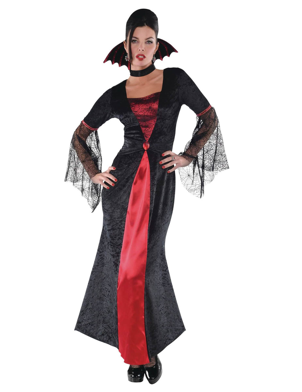 Kostim vampira za žena crvena i crna s rukavima od paukove mreže