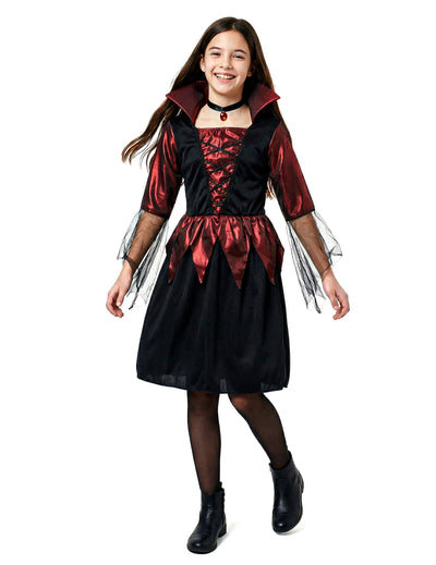 Déguisement de vampire pour fille rouge et noir satiné