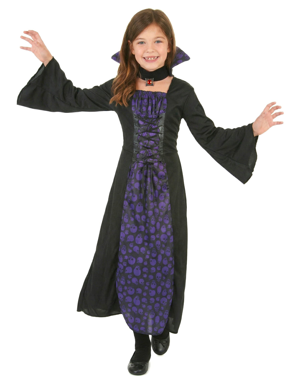 Déguisement de vampire pour fille violet et noir avec motifs têtes de mort