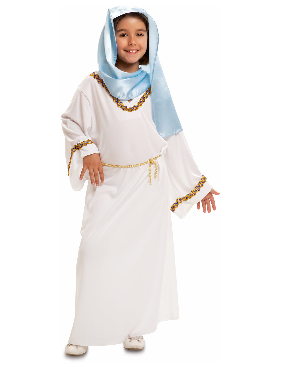 Déguisement Vierge Marie pour fille blanc et bleu avec ceinture dorée