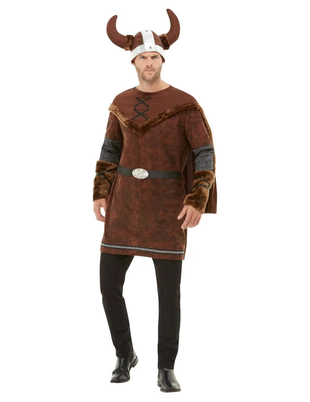 Kostim barbarskog Vikinga za muškarca smeđa s kacigom s rogovima