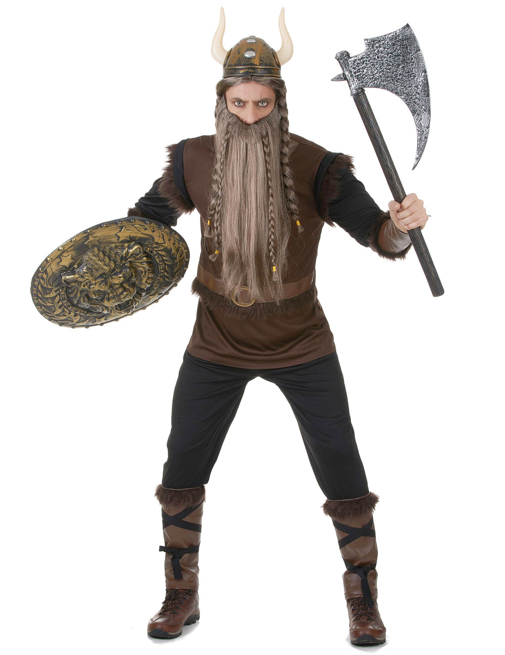 Déguisement Viking effet cuir pour homme marron et noir avec casque à cornes