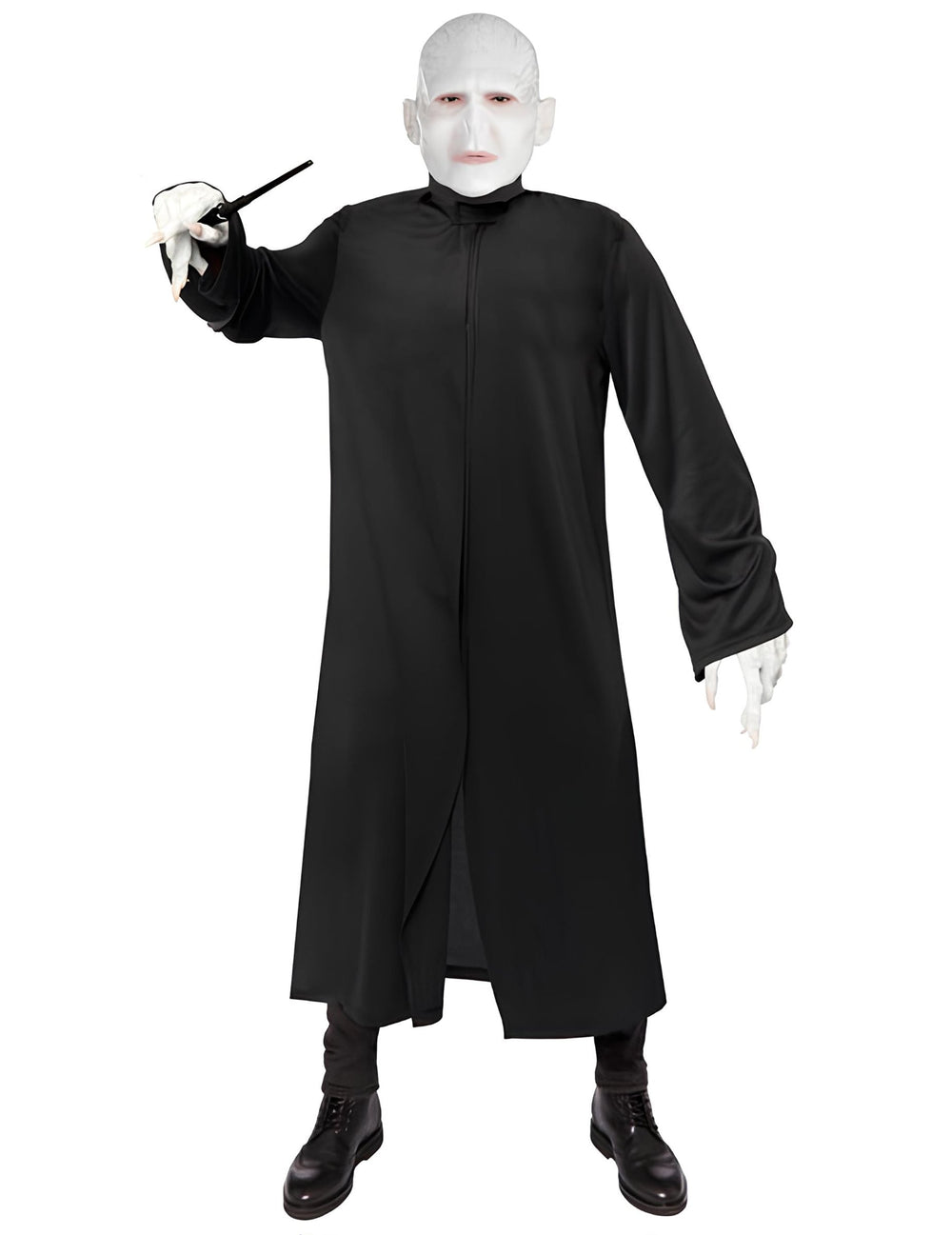 Vue de face avec baguette magique du déguisement Voldemort Harry Potter