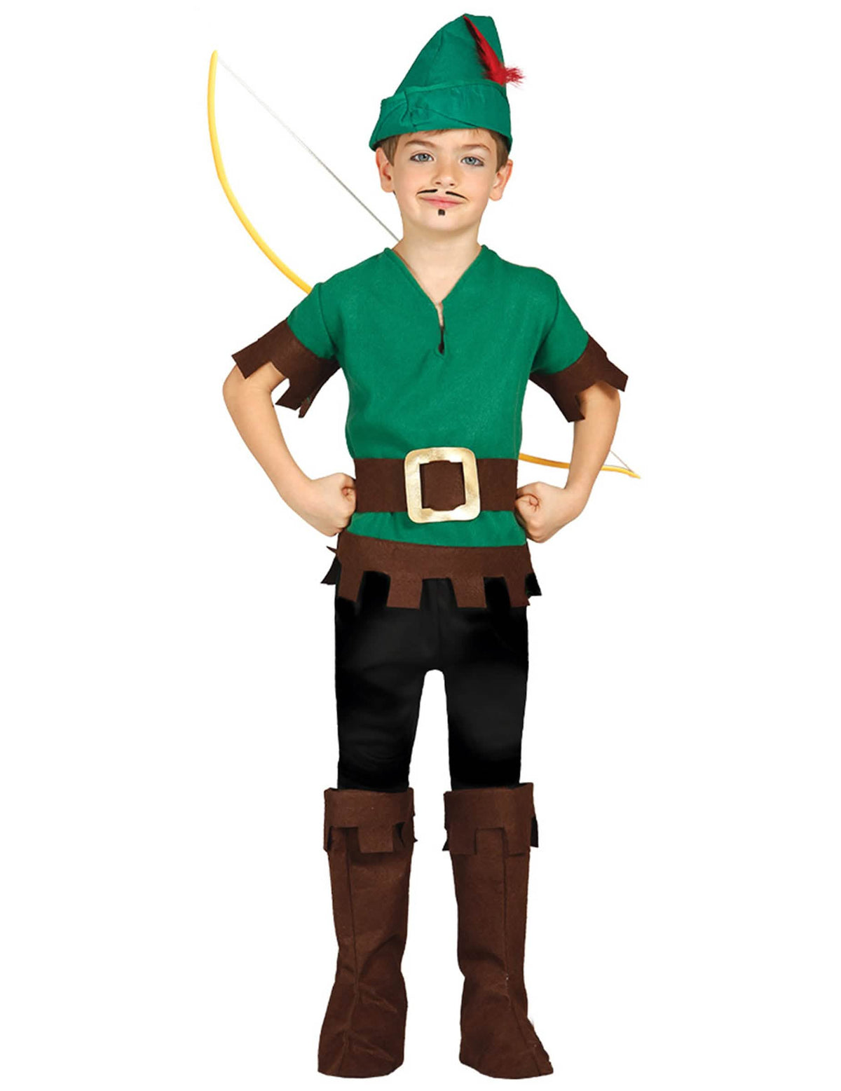 Kostim šumskog lopova za dječak zelena i smeđa s kapom s perom