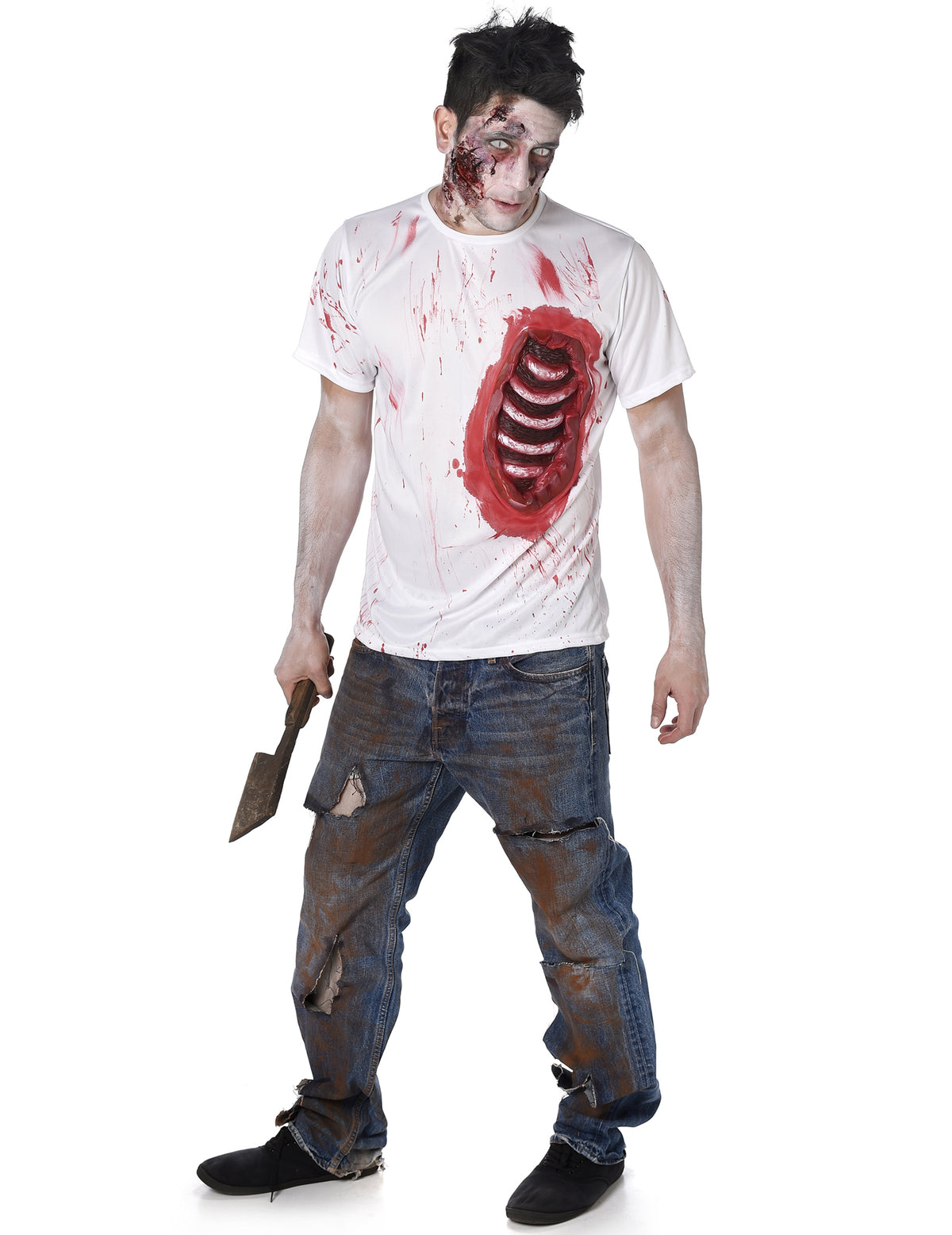 Déguisement de zombie avec côtes en latex pour homme blanc ensanglanté