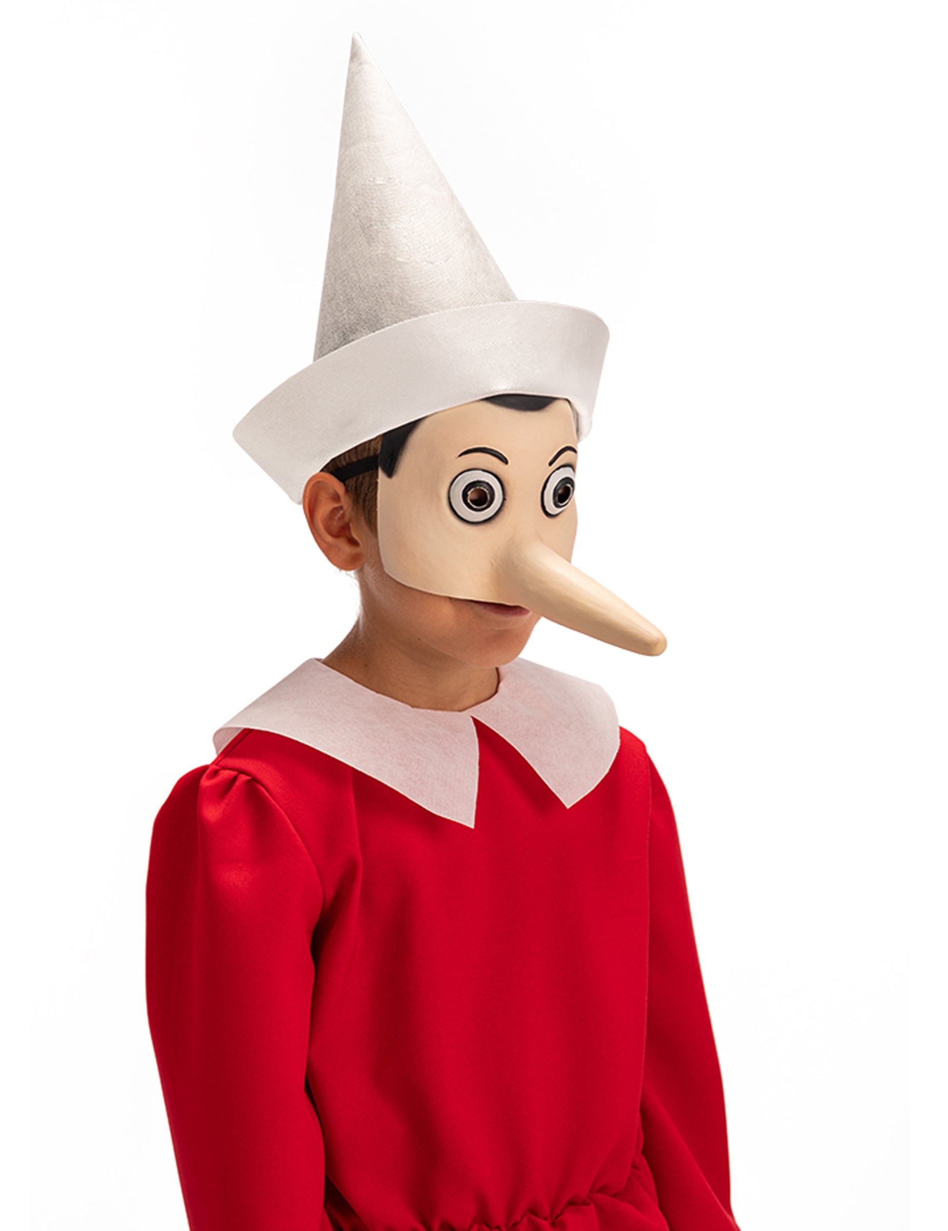Demi masque latex Pinocchio pour adulte beige avec long nez et chapeau blanc