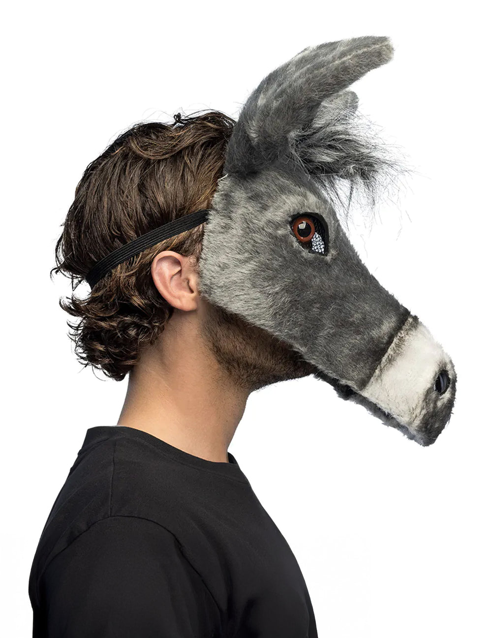 Vue de profil du demi-masque peluche âne pour adulte