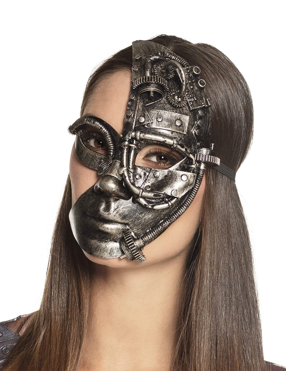 Krupni plan polumaska robot steampunk nošenog gestom tišine
