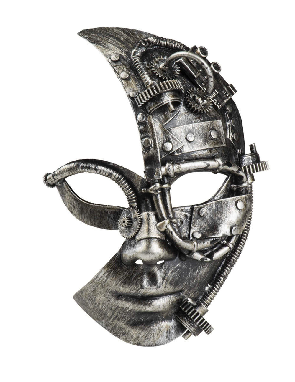 Pogled sprijeda s rukama na sljepoočnicama polumaske robot steampunk
