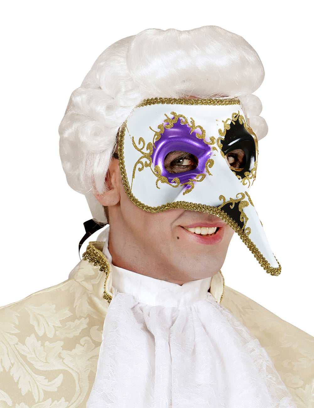 Demi-masque vénitien à long nez pour adulte blanc avec motifs or violet et noir