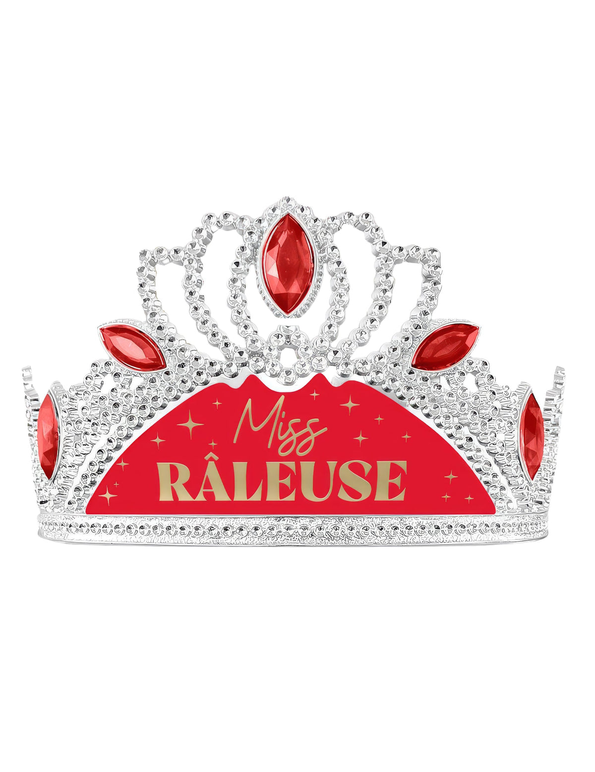 Diadème humoristique Miss Râleuse pour femme argenté et rouge avec pierres rouges