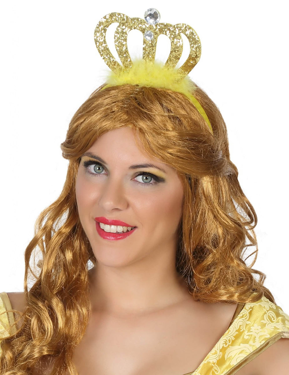 Dijadem princeze za odrasli zlatna s šljokicama i žutim perjem