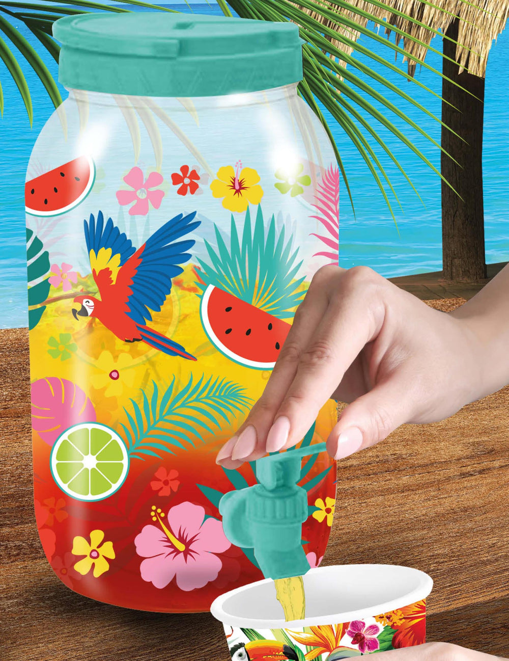 Distributeur de boisson à motifs exotiques pour fête multicolore avec fleurs et perroquet