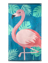 Drapeau Flamant Tropic en tissu rose et bleu à motif de feuilles tropicales