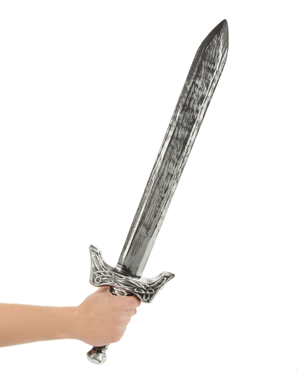 Détail de la poignée et de la lame de l'épée de chevalier en plastique