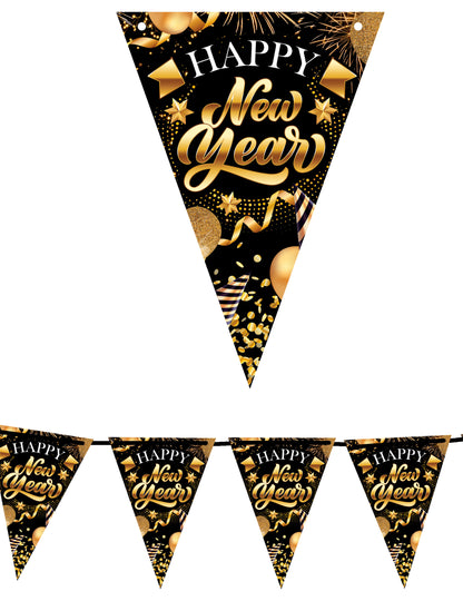 3m crno-zlatne kartonske girlande sa zastavicama za Sretnu Novu godinu