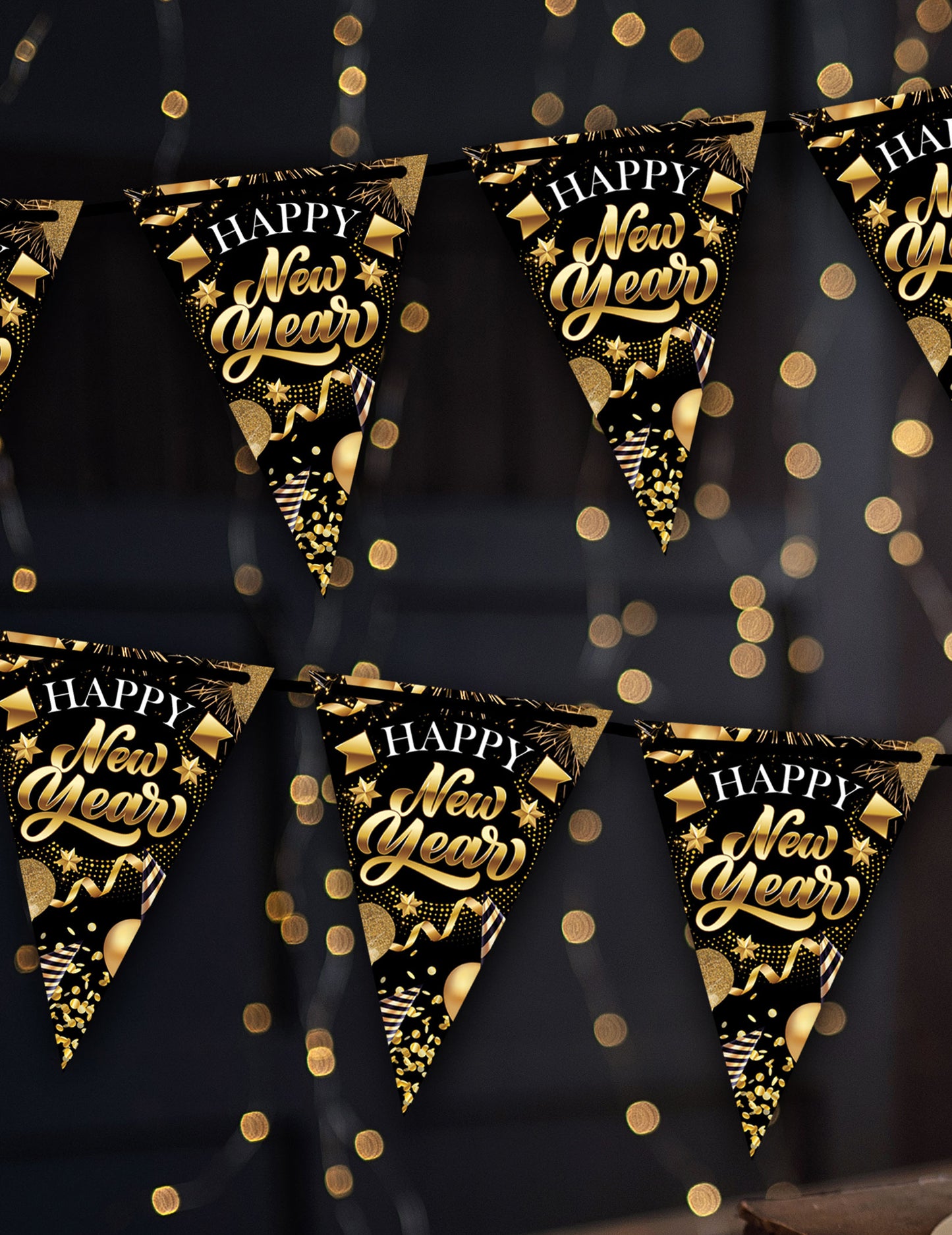 3m crno-zlatne kartonske girlande sa zastavicama za Sretnu Novu godinu