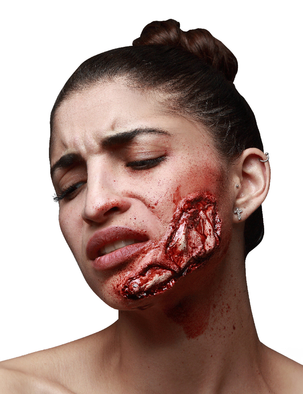 Fausse blessure mâchoire apparente Halloween pour adulte rouge et sanglante