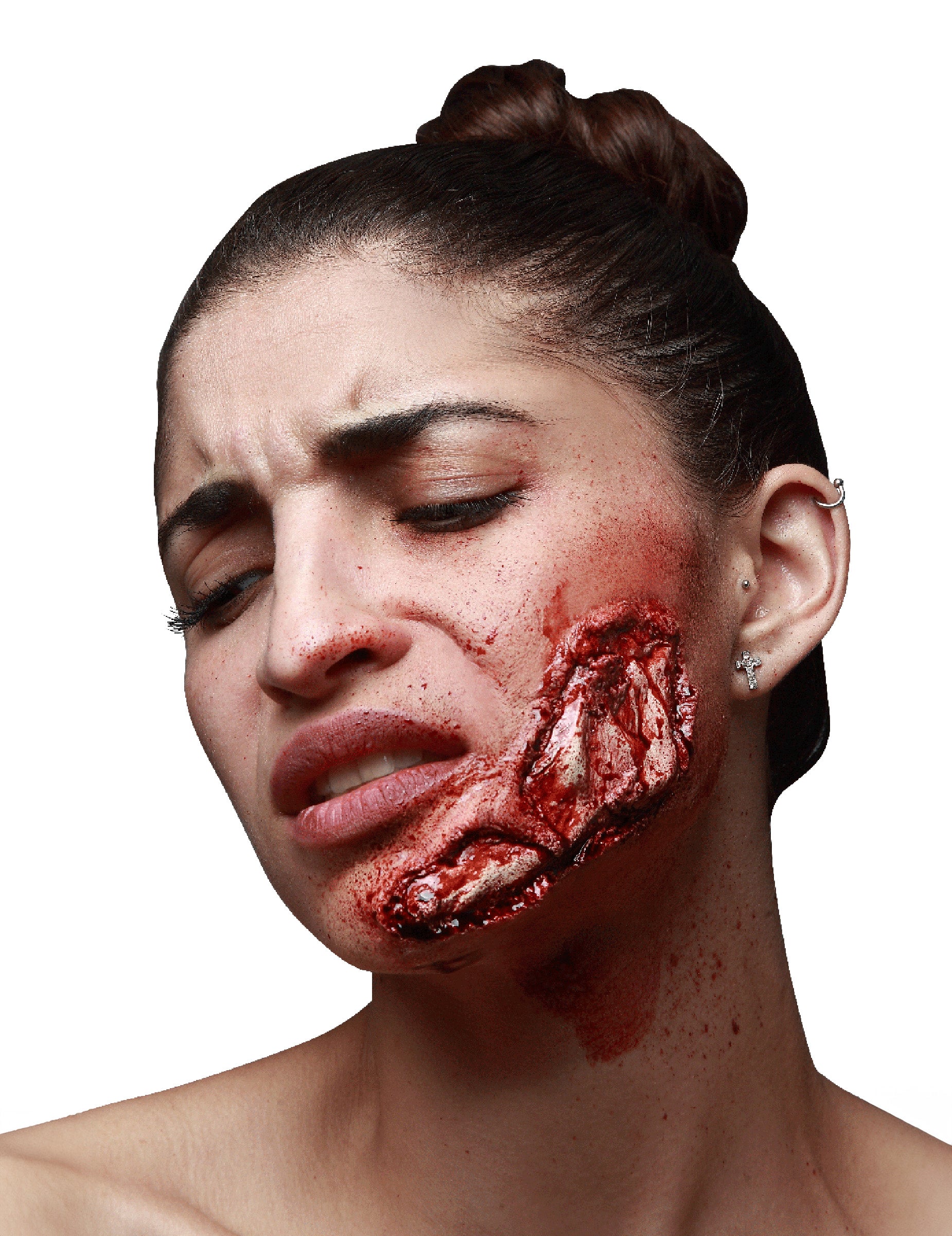 Fausse blessure mâchoire apparente Halloween pour adulte rouge et sanglante
