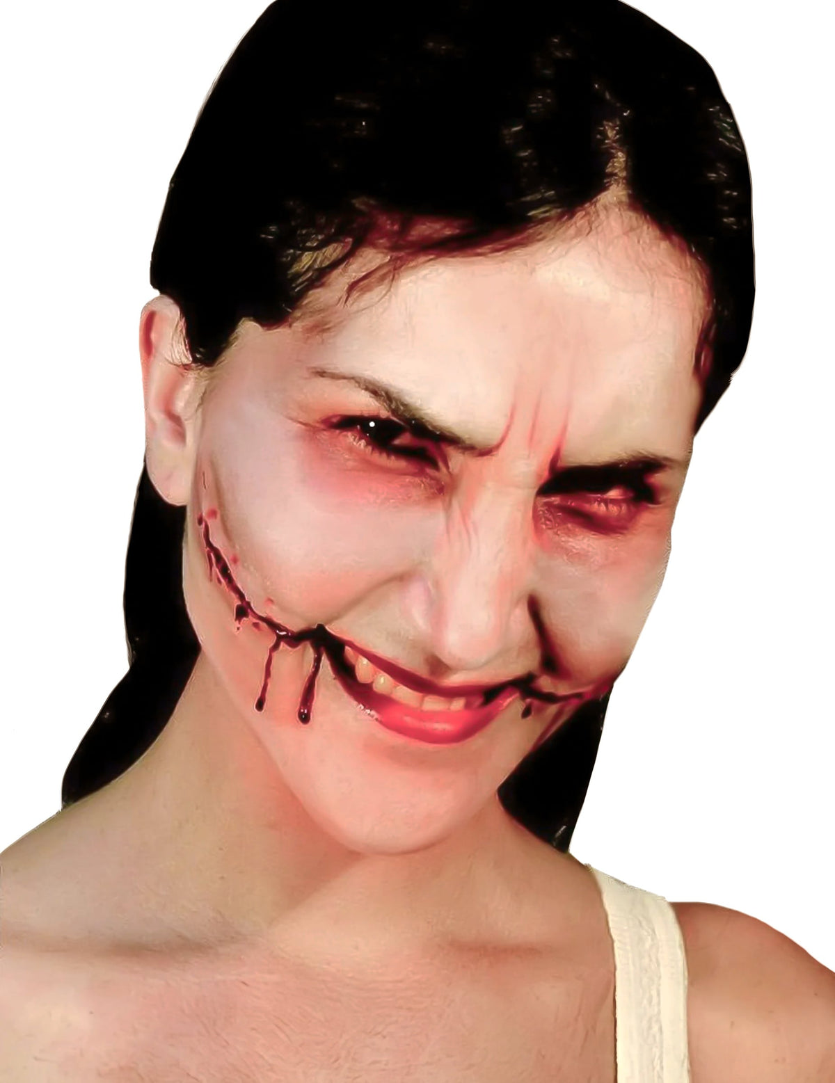 Fausse plaie sourire de l'ange Halloween pour adulte rouge et ensanglantée