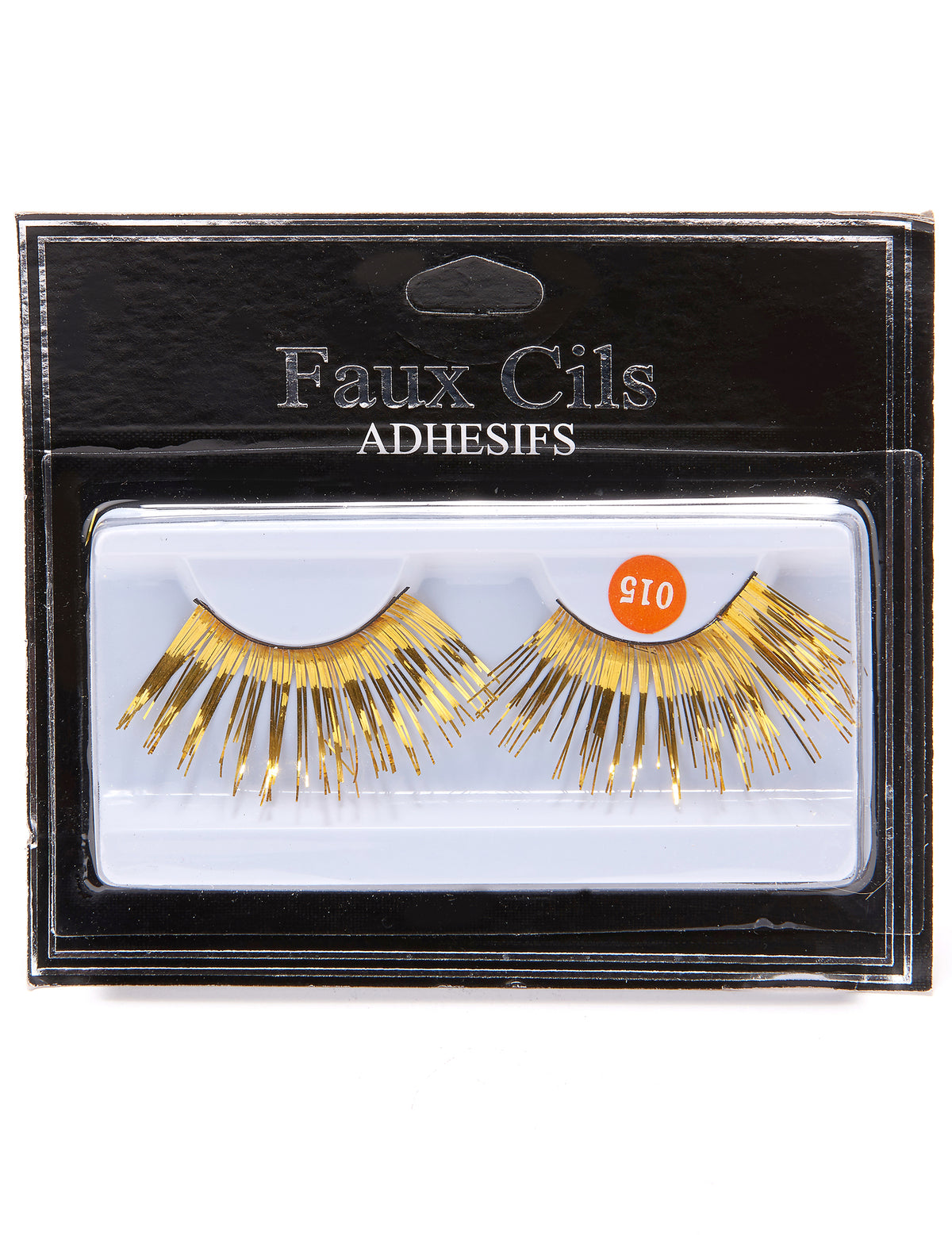 Vue de l'emballage des faux cils longs pour adulte dorés
