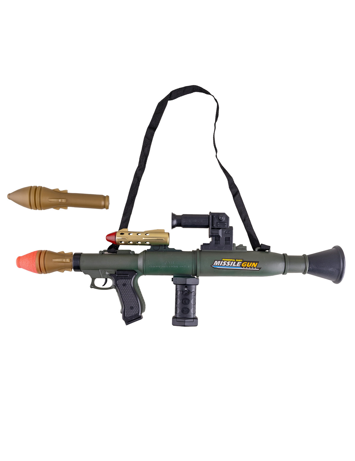 Vue avec sangle et missile du faux lance-roquettes de soldat pour enfant