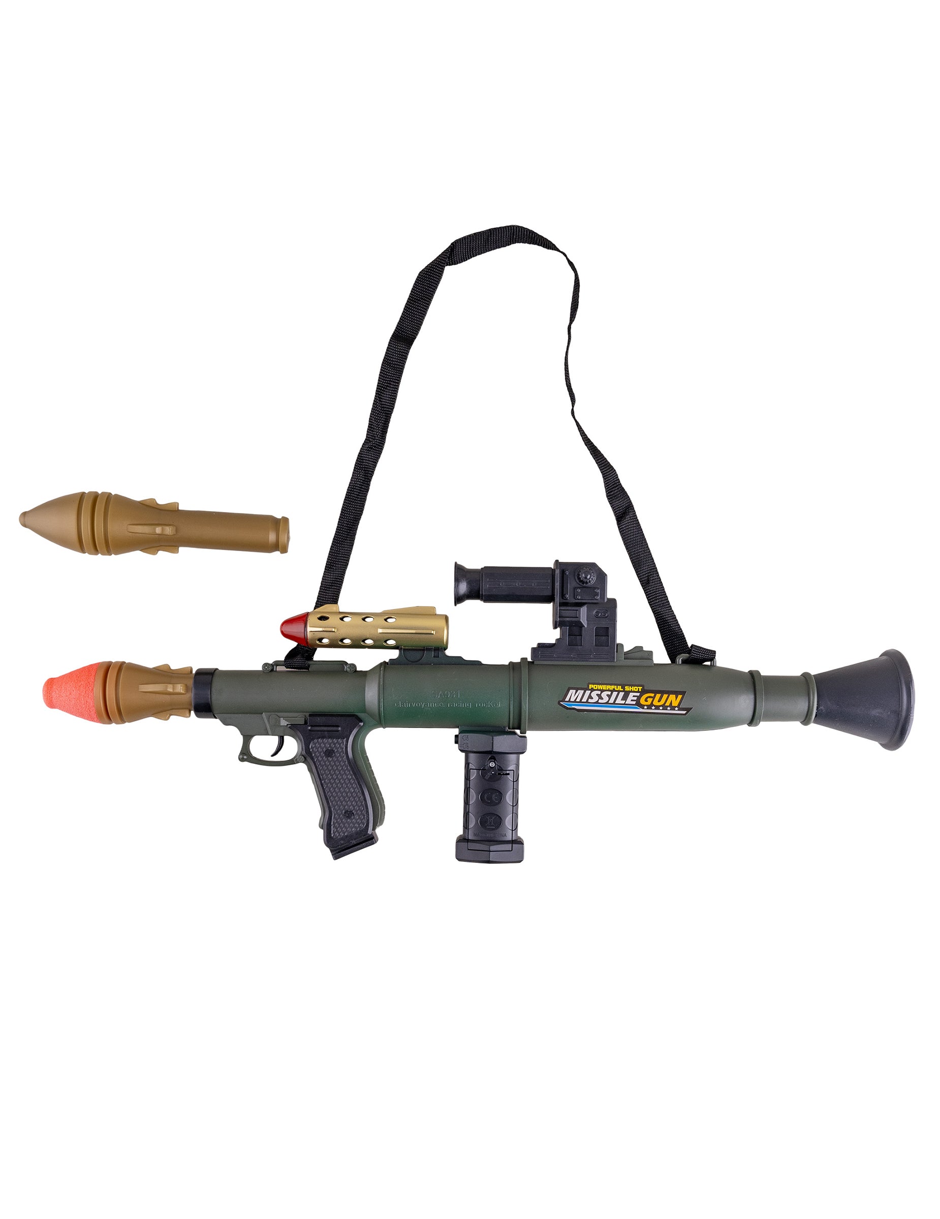 Vue avec sangle et missile du faux lance-roquettes de soldat pour enfant