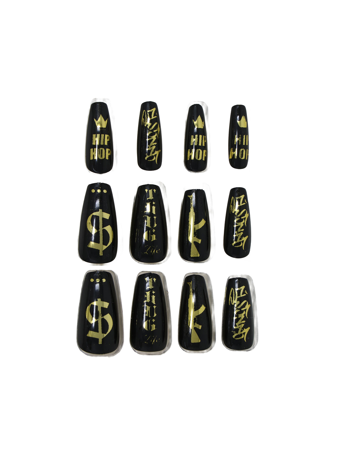 Détail des motifs des faux ongles adhésifs gangsta