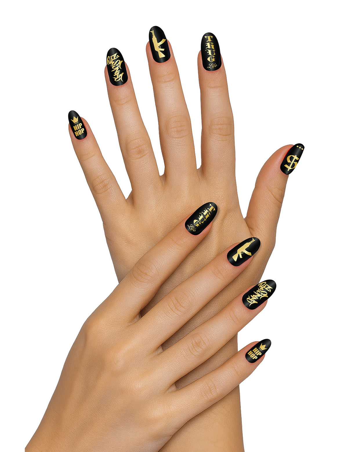 Faux ongles adhésifs gangsta pour adulte noir et doré
