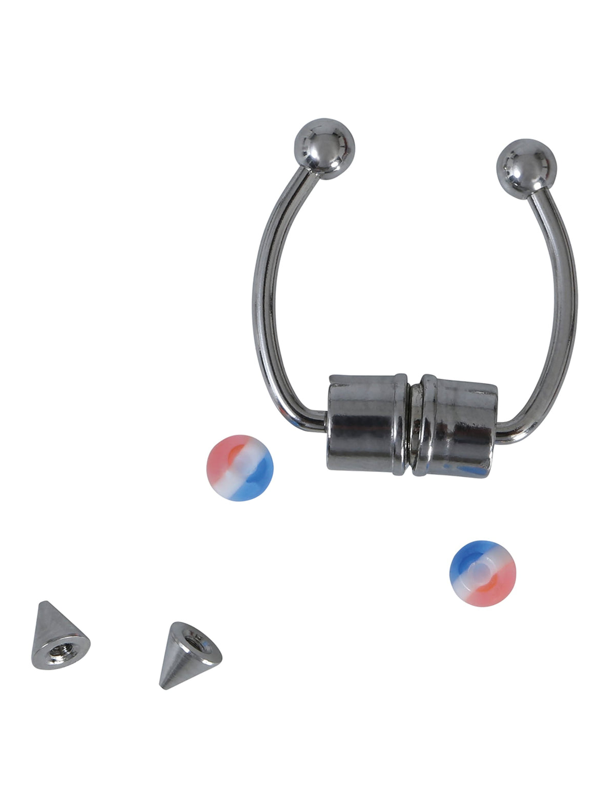 Détail des boules et des pointes interchangeables du faux piercing de nez pour adulte