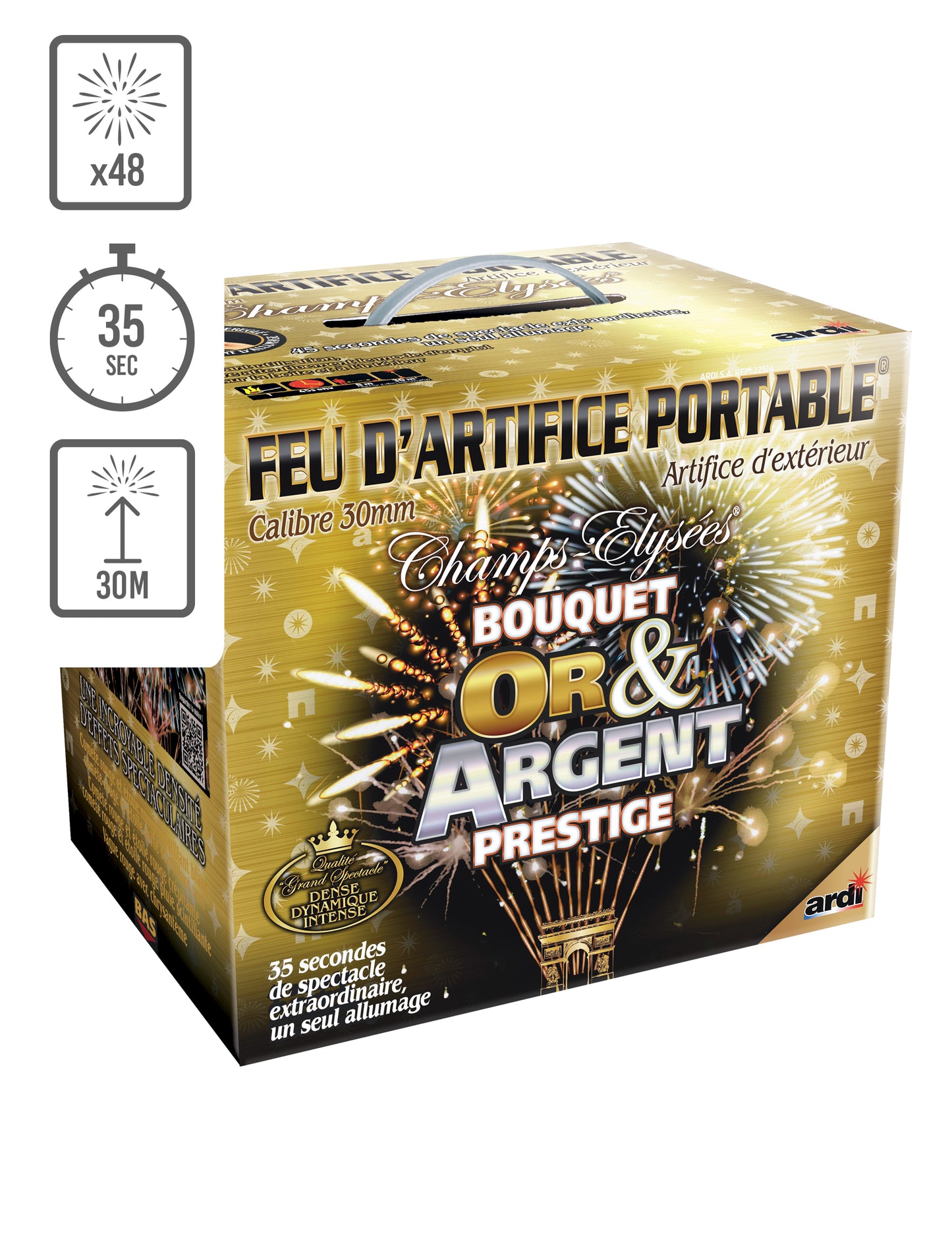 Feu d'artifice Portable® bouquet or & argent prestige, 48 tirs, 35 secondes
