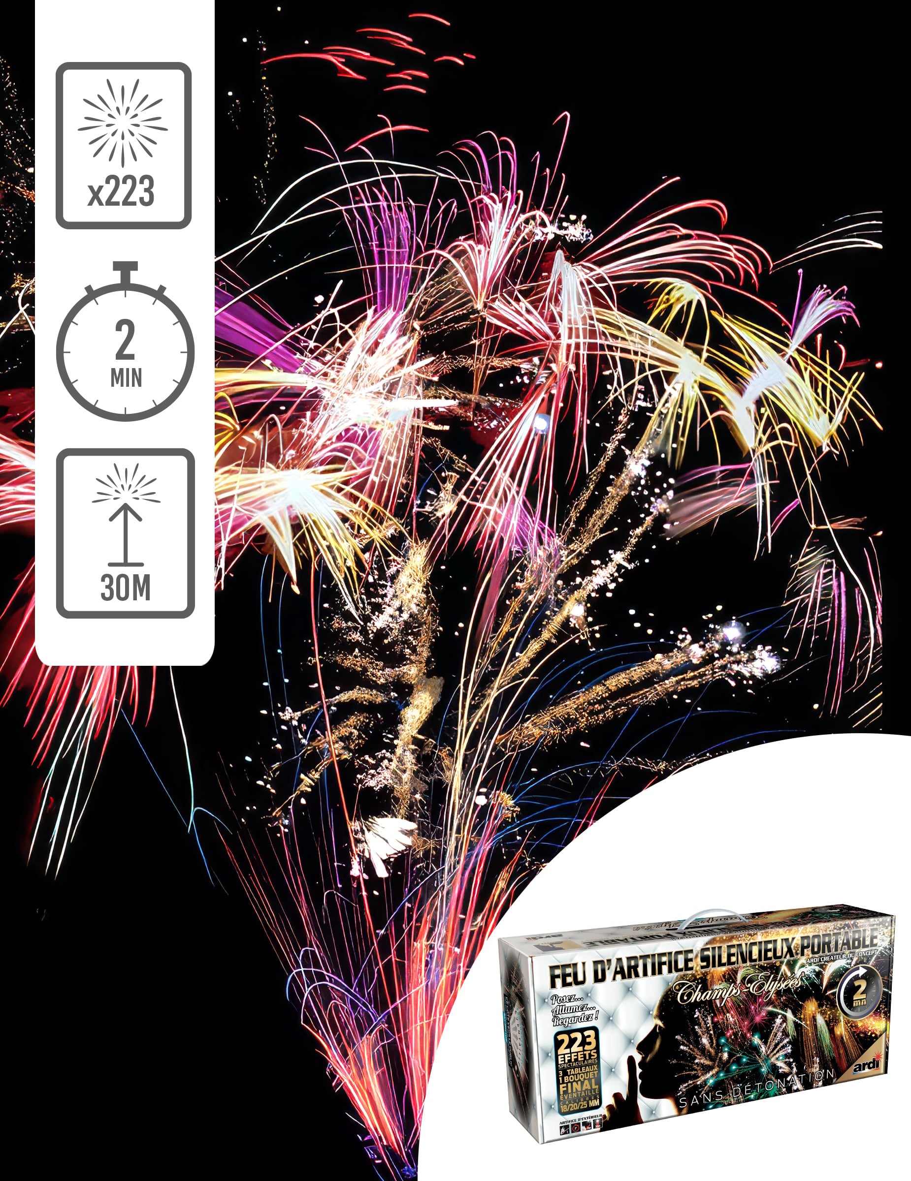 Feu d'artifice portable silencieux Champs-Elysées multicolore 223 tirs 120 sec