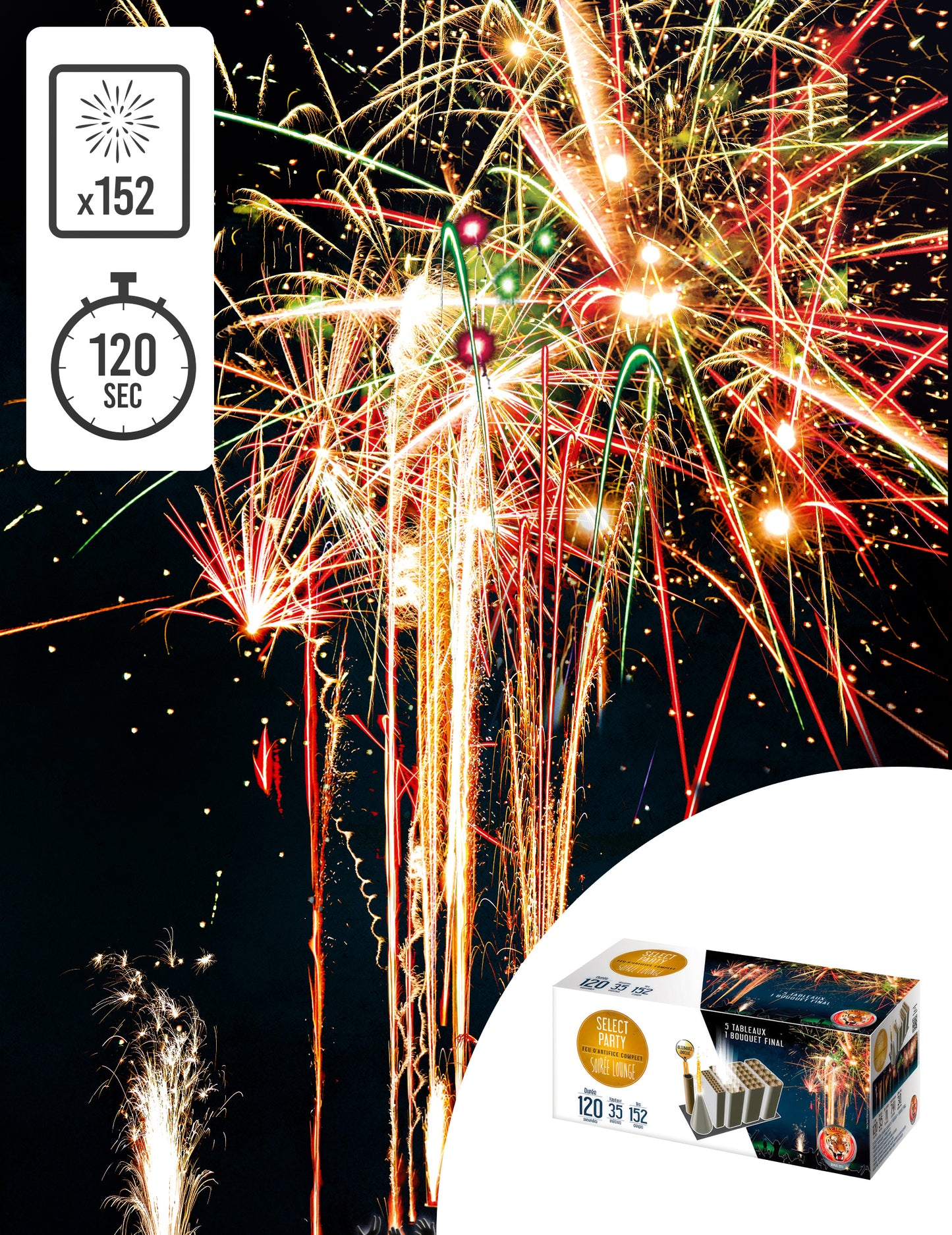 Feu d'artifice Soirée Lounge pour fête multicolore 152 tirs 120 secondes