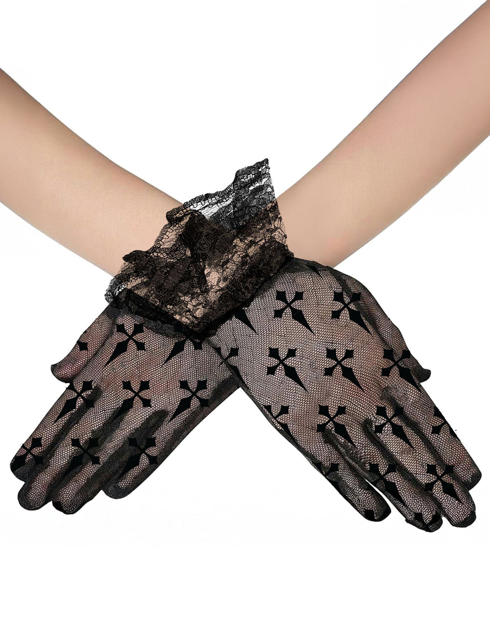 Gants courts à croix noires pour adulte noirs en dentelle