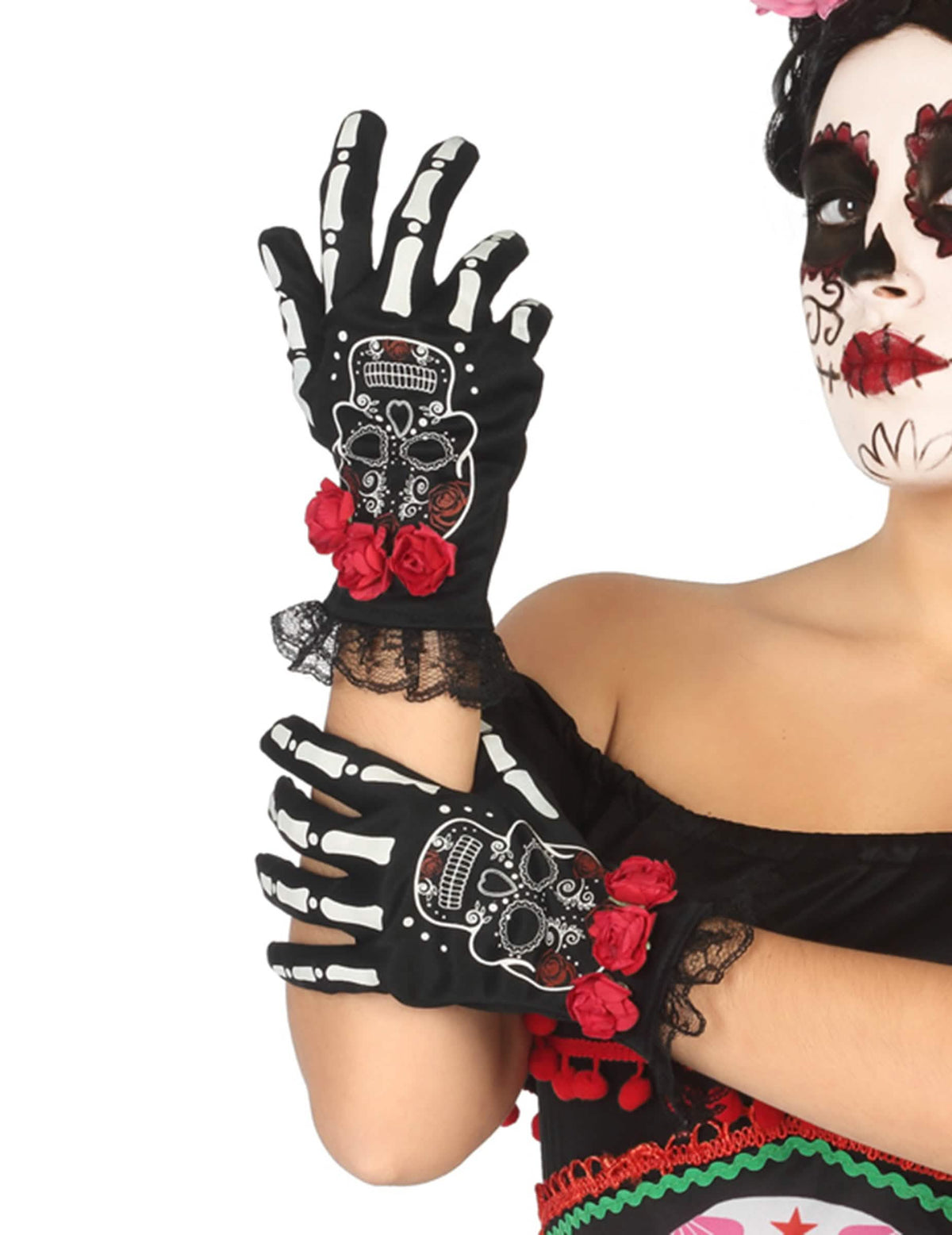 Kratke rukavice s meksičkim kosturom Dia de los muertos za ženu, crne s crvenim ružama i čipkom