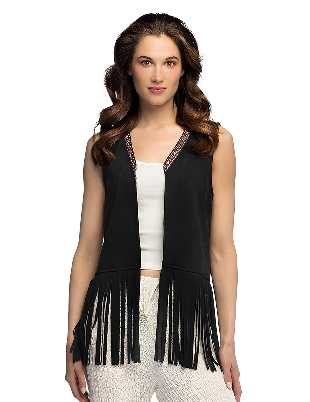Gilet à franges bohème pour femme noir