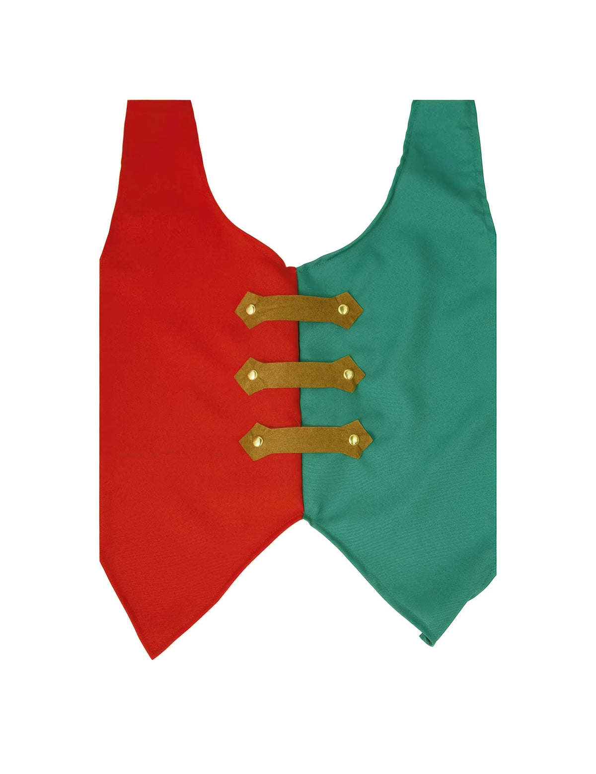 Gros plan sur les attaches boutonnées du gilet de lutin de Noël