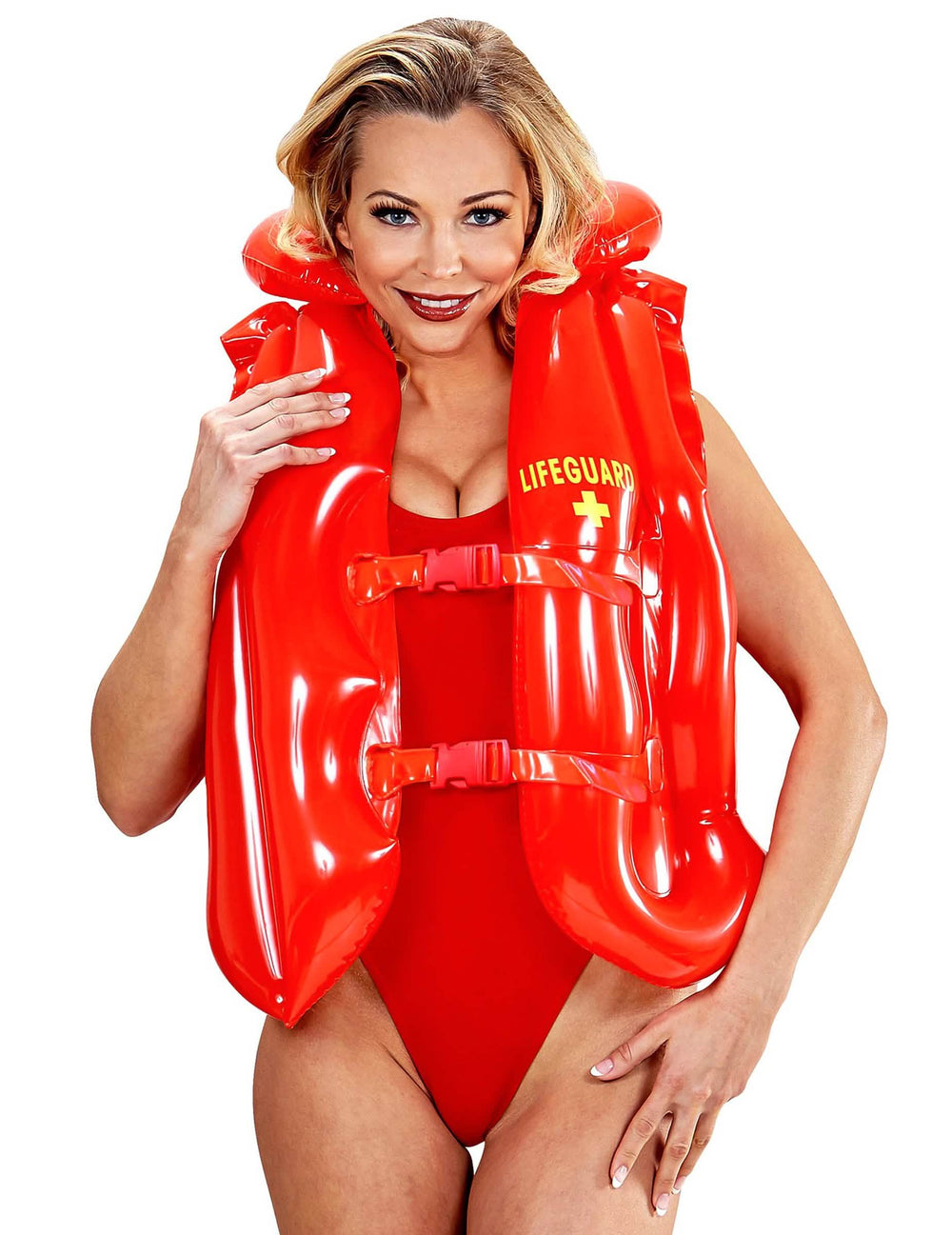 Pogled sprijeda na spasilački prsluk koji nosi me Lifeguard