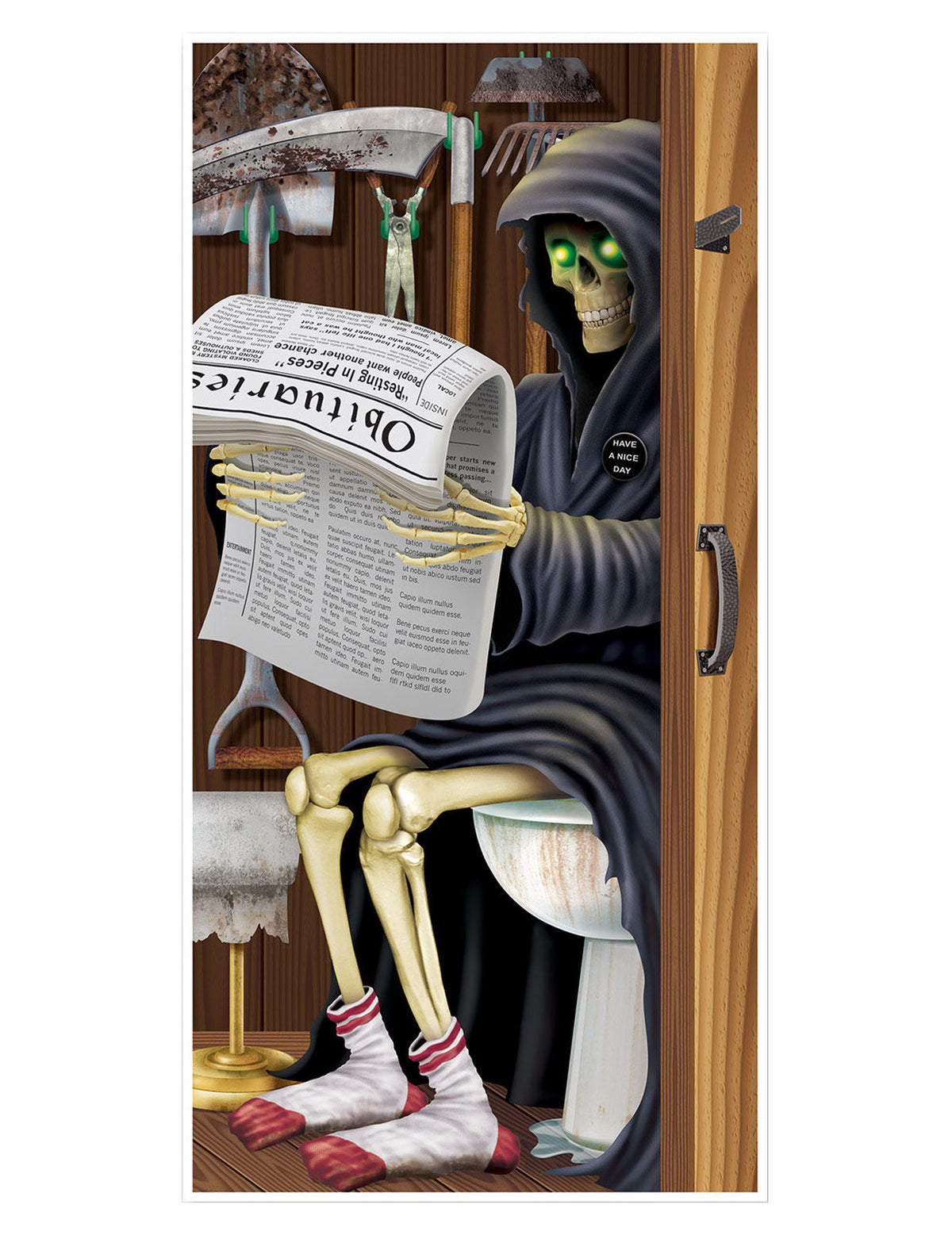 Décoration de porte faucheuse pour Halloween assise sur les toilettes lisant un journal