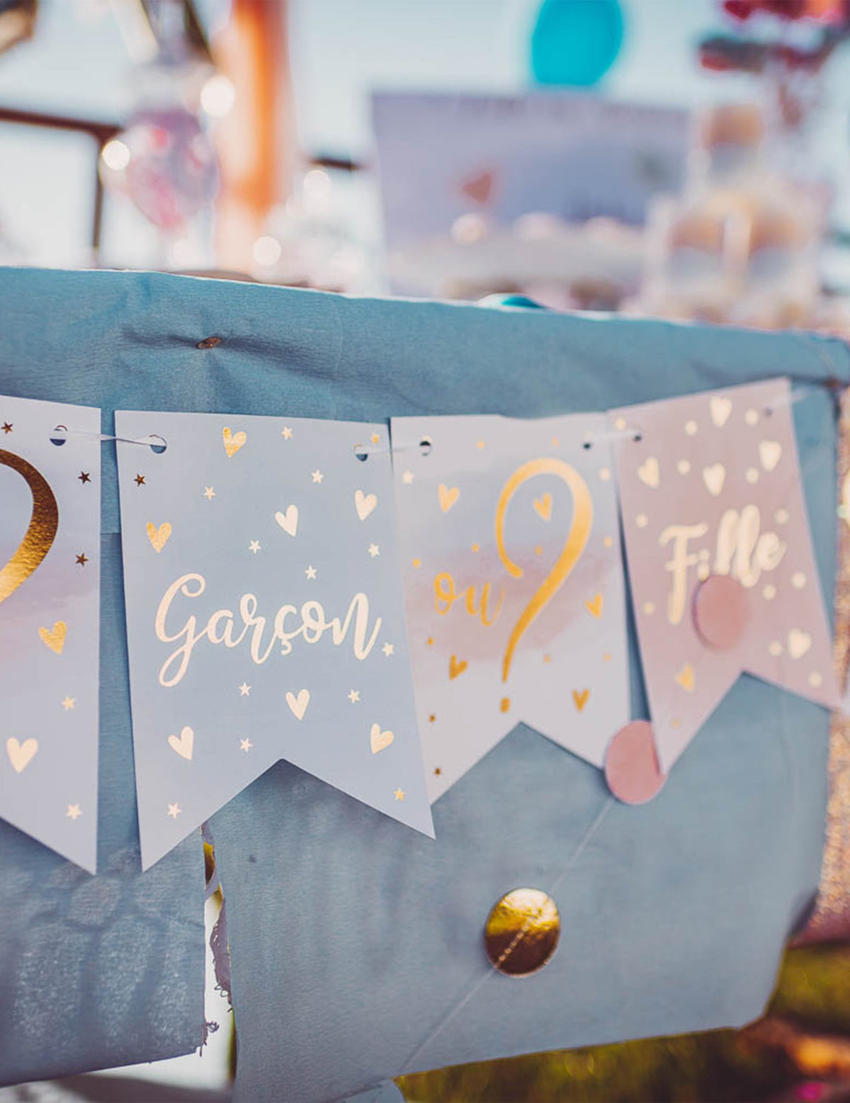 Mise en situation de la guirlande 11 fanions fille ou garçon pour gender reveal